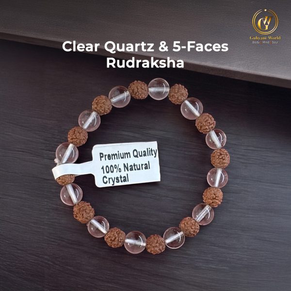 Clear Quartz & 5 face Rudraksha Bracelet for Men and Women, Natural Healing Stress Relief, Holistic Balance, Energy & Aura Cleansing Crystal Combination Beads Size 8mm